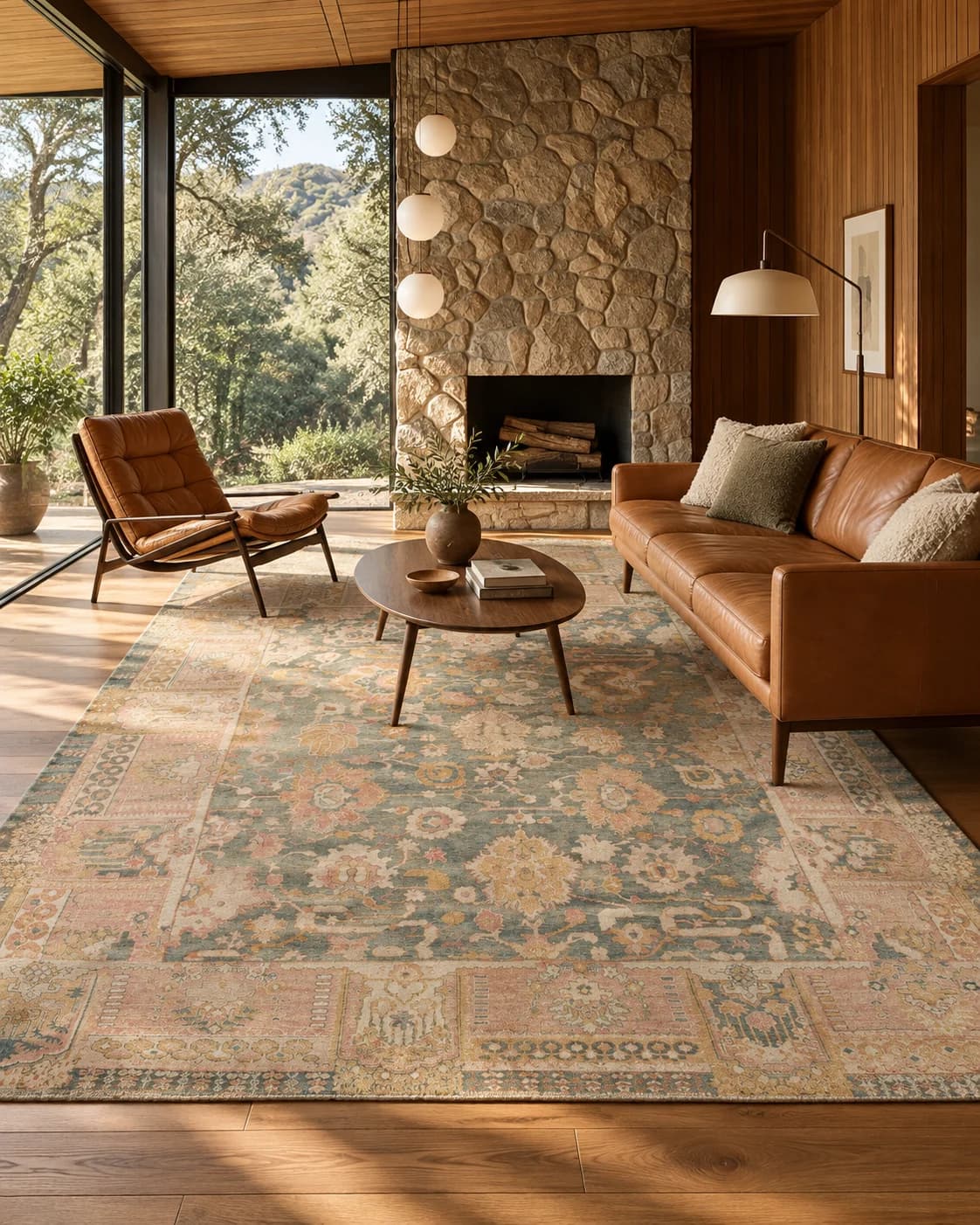 Editorial room interpretation of the Angora Oushak with leather seating and warm wood