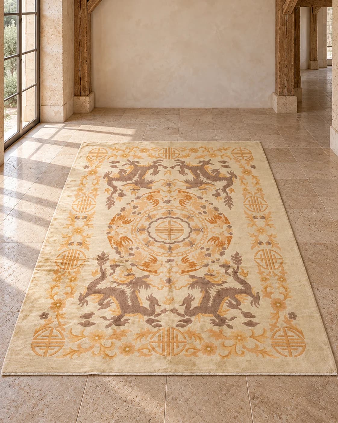 An imagined limestone interior with Chaman’s ivory Dragon and Shou rug, aged timber, and warm daylight