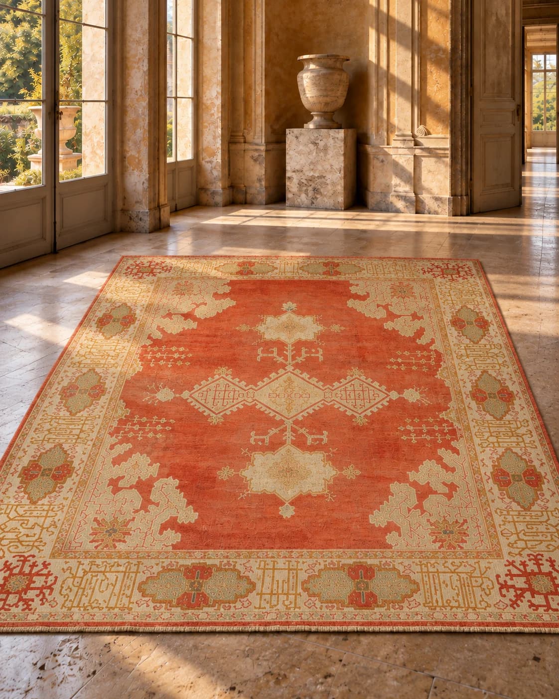 Editorial room interpretation of Saffron Garden on a sunlit stone floor