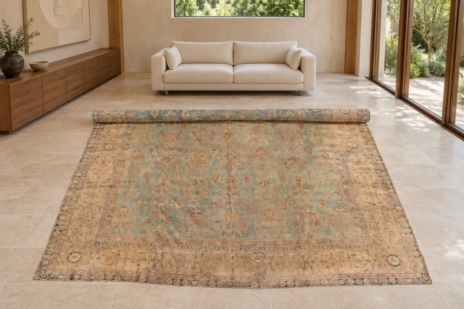 Imagined stone and oak gallery room with the blue and beige Agra carpet shown partly rolled, preserving the exposed catalog arrangement