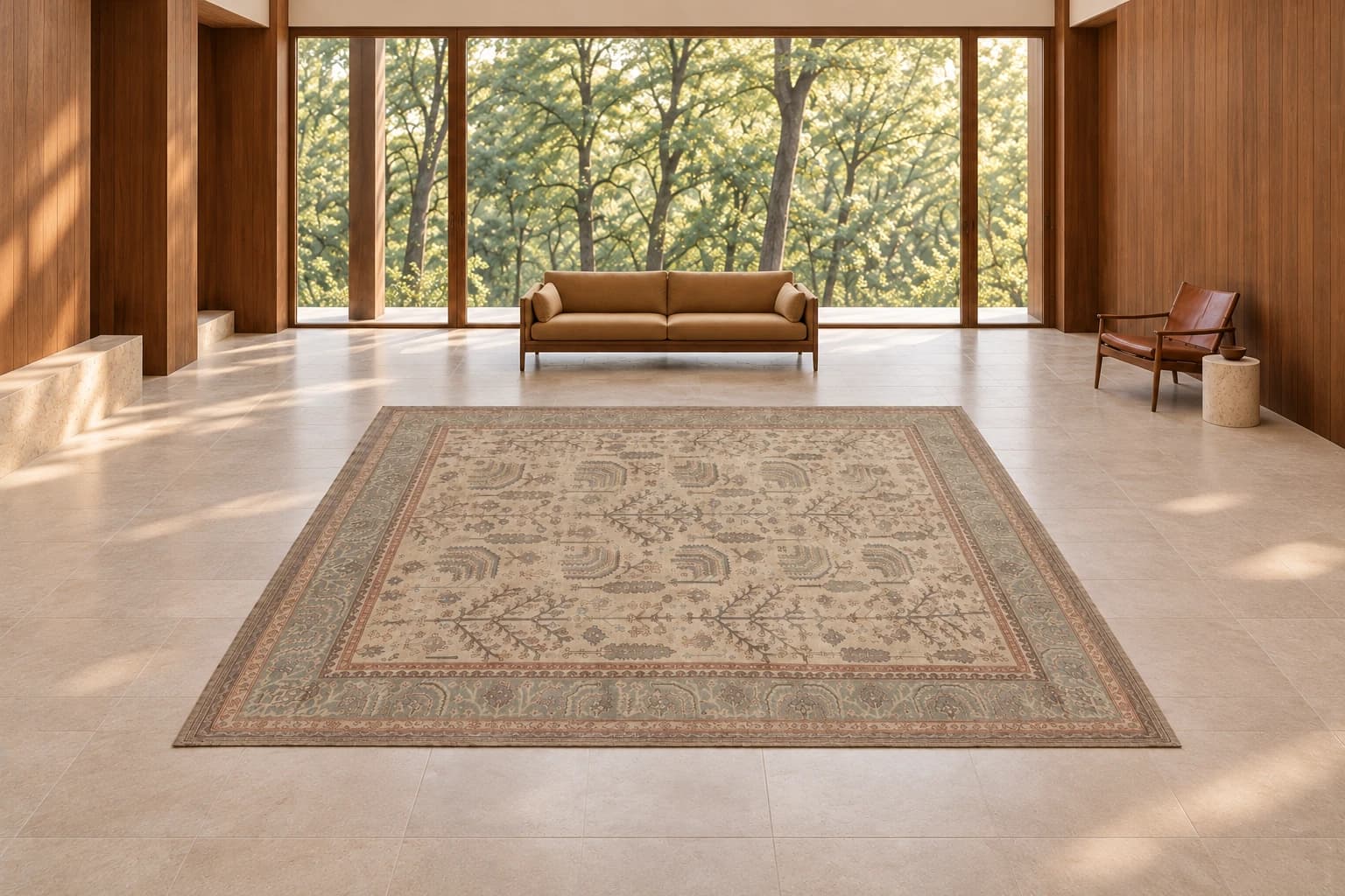 Imagined room with the taupe and gray green Oushak carpet on a stone floor beneath tall garden windows.