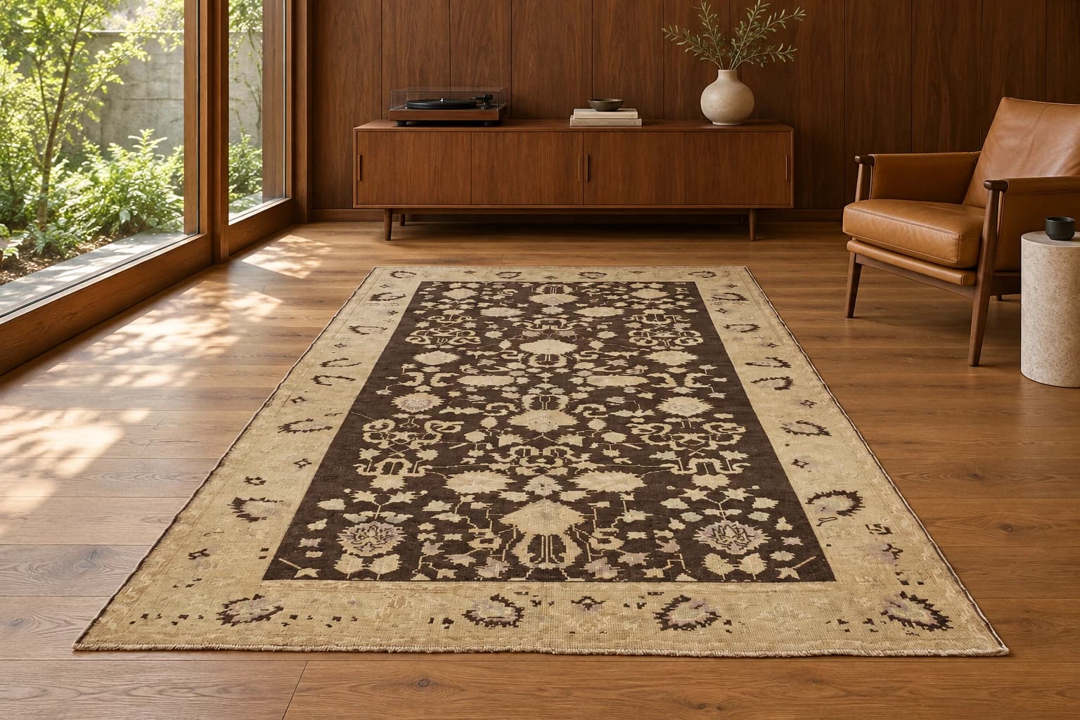 Imagined walnut listening room with a charcoal and ivory Oushak rug fully visible beside a leather chair