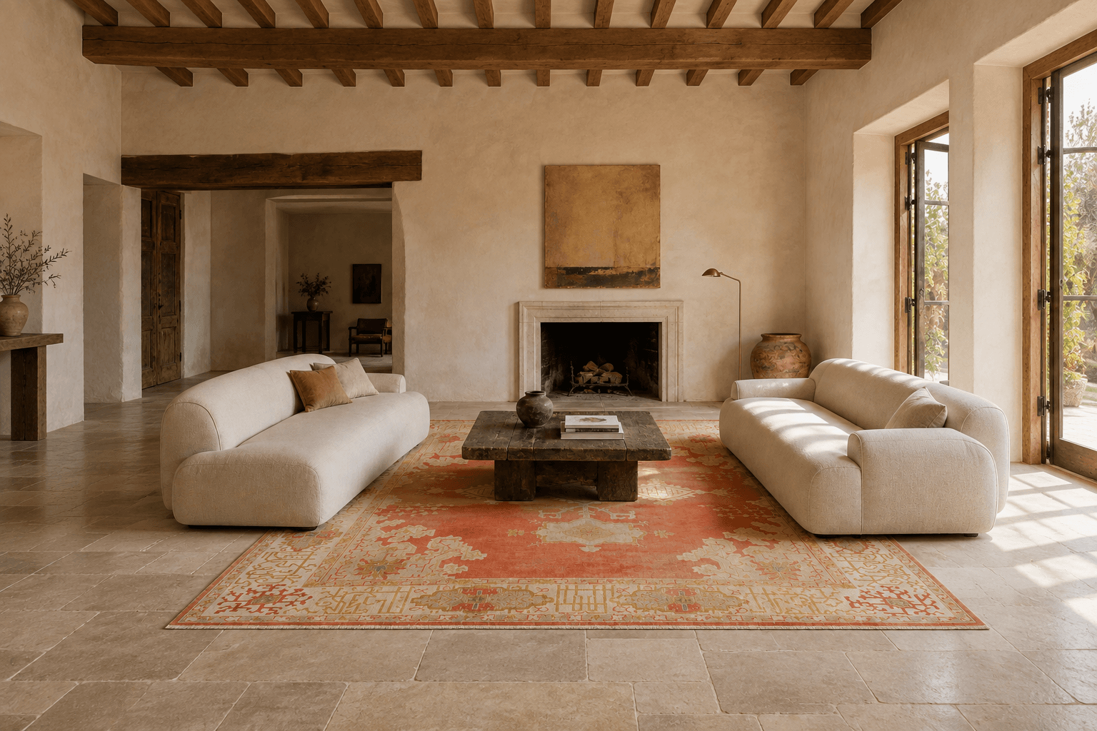 Imagined room with Saffron Garden on a pale stone floor between cream sofas